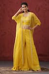 Buy_MINAKI_Yellow Raw Silk Embroidery Pearls Blouse Scoop Border Cape Sharara Set _at_Aza_Fashions