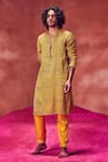 Buy Punit Balana Yellow Satin Silk Hand Block Print Kurta Set at Aza Fashions Buy_Punit Balana_Yellow Satin Silk Hand Block Print Kurta Set _at_Aza_Fashions