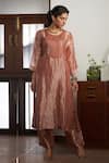 Buy_Bodhi Tree_Peach Tunic Silk Tussar And Tissue Zari Embroidered Yoke Zardozi Kurta & Pant Set _at_Aza_Fashions