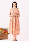 Buy_Abbaran_Peach Cotton Embroidery V-neck Flower Print Gathered Anarkali Set _at_Aza_Fashions