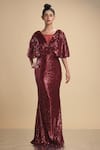 Buy_Kommal Sood_Maroon Lycra Stretch Net Embroidered Sequins Cape Sleeve Gown  _at_Aza_Fashions