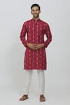 Buy_Aryavir Malhotra_Red Semi Cotton Linen Printed Geometric Full Sleeve Kurta _at_Aza_Fashions