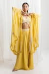 Buy_Seema Thukral_Yellow Blouse Georgette Hand Embroidery Pearls Plunge V Neck Cape And Sharara Set _at_Aza_Fashions