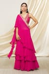 Buy_Gopi Vaid_Pink Saree Chiffon Embroidery Gold And Anupa Pre-draped Ruffle With Blouse _at_Aza_Fashions