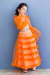 Buy_Pinkcow designs pvt ltd_Orange Net, Crepe, Brocade Pearls, Feathers Embellished Top And Frill Lehenga Set _at_Aza_Fashions