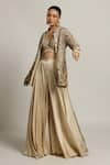 Buy_Sejal Kamdar_Beige Gajji Silk Embellished Pipe Jacket Stripe Flared Pant Set  _at_Aza_Fashions