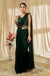 Buy Alaya Advani Green Chinnon Geometric Blunt V Neck Pre-draped Saree With Metallic Work Blouse at Aza Fashions Buy_Alaya Advani_Green Chinnon Geometric Blunt V Neck Pre-draped Saree With Metallic Work Blouse_at_Aza_Fashions