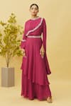 Buy_Samyukta Singhania_Magenta Chinon Embroidered Floral High Neck Border Sequins Tunic And Skirt Set _at_Aza_Fashions