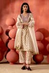 Buy_Amisha Kothari_Beige Cotton Silk Printed Block V Neck Padma Co-ord Set _at_Aza_Fashions