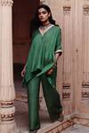 Buy_Avacara_Green Silk, Cotton Embroidery V-neck Hand Block Print Kaftan With Pant _at_Aza_Fashions
