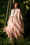 Buy_Pallavi Poddar_Pink Organza Embroidery Mirror Collared Neck Daffodil Floral Cape And Pant Set _at_Aza_Fashions