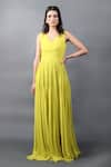 Buy_Swatee Singh_Yellow Georgette Solid V Neck Pleated And Flared Gown _at_Aza_Fashions