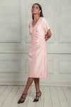 Buy_Couche_Pink Tussord Tweed Woven Plain V Neck Midi Dress  _at_Aza_Fashions