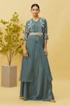 Buy_Samyukta Singhania_Blue Kurta Opara Silk Embroidered Sequin Floral Bel Embellished Skirt Set _at_Aza_Fashions