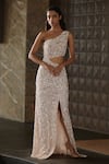 Buy_Nadine Dhody_Beige Tulle Embroidery Sequin Asymmetric Dana Pearl Gown  _at_Aza_Fashions