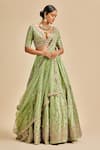 Buy_Nitika Gujral_Green Lehenga Taffeta Embroidery Resham V Neck Flower Bridal Set _at_Aza_Fashions