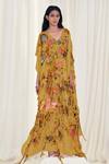 Buy_AK-OK_Yellow Silk Embroidery V-neck Vintage Floral Print Kaftan_at_Aza_Fashions