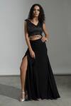 Buy_AMRTA by GUNEET KONDAL_Black 100% Viscose Moss Crepe Embroidery Wrap Style Crop Top And Skirt Set _at_Aza_Fashions