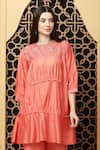 Buy_Kefi Collections_Peach Cotton Chanderi Embroidered And Amina Yoke Tiered Tunic _at_Aza_Fashions