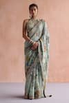 Buy_Archana Jaju_Blue Handwoven Light Silk Hand Painted Mosaic And Floral Saree With Blouse _at_Aza_Fashions