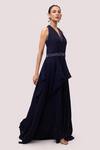 Buy_Onaya_Blue Georgette Sequins, Cut Work Halter Neck Monochromatic Drape Gown_at_Aza_Fashions