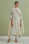 Buy_Priya Chaudhary_Off White Cotton, Kota Doria Embroidery V-neck Flora Angrakha Pant Set _at_Aza_Fashions