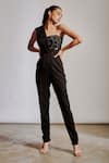 Buy_Pocket Stories_Black Honeycomb Printed Abstract Lapel Collar Solid Jumpsuit  _at_Aza_Fashions