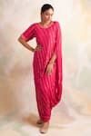 Buy_Palak & Mehak_Pink Rayon Crepe Embellished Stripe Round Neck Pattern Cowl Hem Dress _at_Aza_Fashions