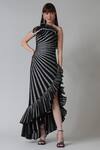 Buy_Geisha Designs_Black Nylon Printed Metallic Stripe Asymmetric Sabrina Dress  _at_Aza_Fashions
