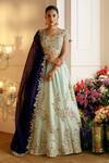 Buy_Nehha Nhata_Blue Silk Hand Embroidered Floral Patterns Square Neck Bridal Lehenga Set _at_Aza_Fashions