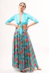 Nitya Bajaj_Blue Net Floral Print Skirt And Top Set_Online_at_Aza_Fashions