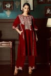 Buy_Priyanka Jain_Red Velvet Lining Shantoon Aari Work And Sequin Embroidered Kurta & Palazzo Set _at_Aza_Fashions
