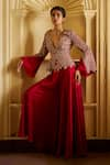 Buy_Mrunalini Rao_Red Jacket Raw Silk Embroidered Cherry Blossom And Flared Pant Set  _at_Aza_Fashions