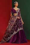 Buy_Mahima Mahajan_Wine Velvet Printed Floral Pattern V Neck Ziva Embroidered Bridal Lehenga Set _at_Aza_Fashions