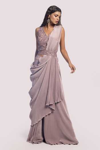 Lilac Lycra Pleated Belt Saree & Embellished Ruffled Sleeves Blouse