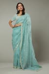 Buy_I Am Design_Blue Raw , Organza Floral Peppermint Candy Embroidered Saree Set _at_Aza_Fashions