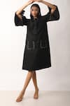 Buy_Veera Wear_Black Cotton Collared Bell Sleeve Solid Side Pocketed Dress _at_Aza_Fashions