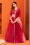 Buy_Kesar Studio_Red Silk, Organza Embroidery V-neck Linear Lehenga Set_at_Aza_Fashions