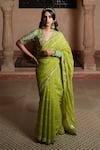 Buy_Ruhr India_Green Saree Silk Organza Printed Floral Gota Work With Blouse  _at_Aza_Fashions