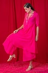 Buy_Enech_Pink Muslin Modal Embellishment Metal And Collar Tunic & Palazzo Set  _at_Aza_Fashions