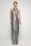 Buy_Cham Cham_Silver Stretch Knit Foil Solid Halter Neck Metallic Gown _at_Aza_Fashions