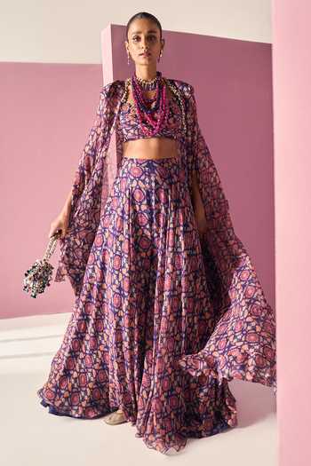 Buy_Ridhi Mehra_Blue Blouse Net Printed Floral Cape Open Ewaz Sharara Set  _at_Aza_Fashions