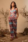 Buy_Label Reyya_Multi Color Polyester Printed Paisley V Neck Top And Pant Set _at_Aza_Fashions