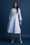 Buy_Escape By Aishwarya_Blue Cotton Satin Stand Collar Box-pleated Dress_at_Aza_Fashions
