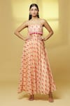 Buy_Kalakaari By Sagarika_Peach Chanderi Print Flower Bouquet Square Neck Gown _at_Aza_Fashions