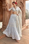 Buy_PREEVIN_Sky Blue Lehenga And Blouse Cotton Mulmul Embellished Tiered Set  _at_Aza_Fashions