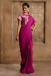 Buy_OMANA BY RANJANA BOTHRA_Magenta Blouse - Bamber Raw Silk Embroidery Floral Mayoor Pre-draped Saree With _at_Aza_Fashions