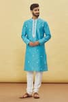 Buy_Arihant Rai Sinha_Sky Blue Silk Embroidery Thread Full Sleeve Kurta Set _at_Aza_Fashions