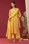 Buy_Abbaran_Yellow Kurta And Palazzo Cotton Cambric Printed Block Notched Set _at_Aza_Fashions