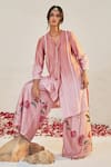 Buy_Sage Saga_Pink Chanderi Printed Floral V Neck Mahgul Lace Work Kurta And Sharara Set _at_Aza_Fashions